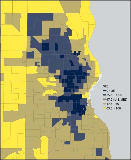 Tract-level map displaying SEI values color-coded based on over/under relationship to the US value. Tract-level map displaying SEI values color-coded based on over/under relationship to the US value.