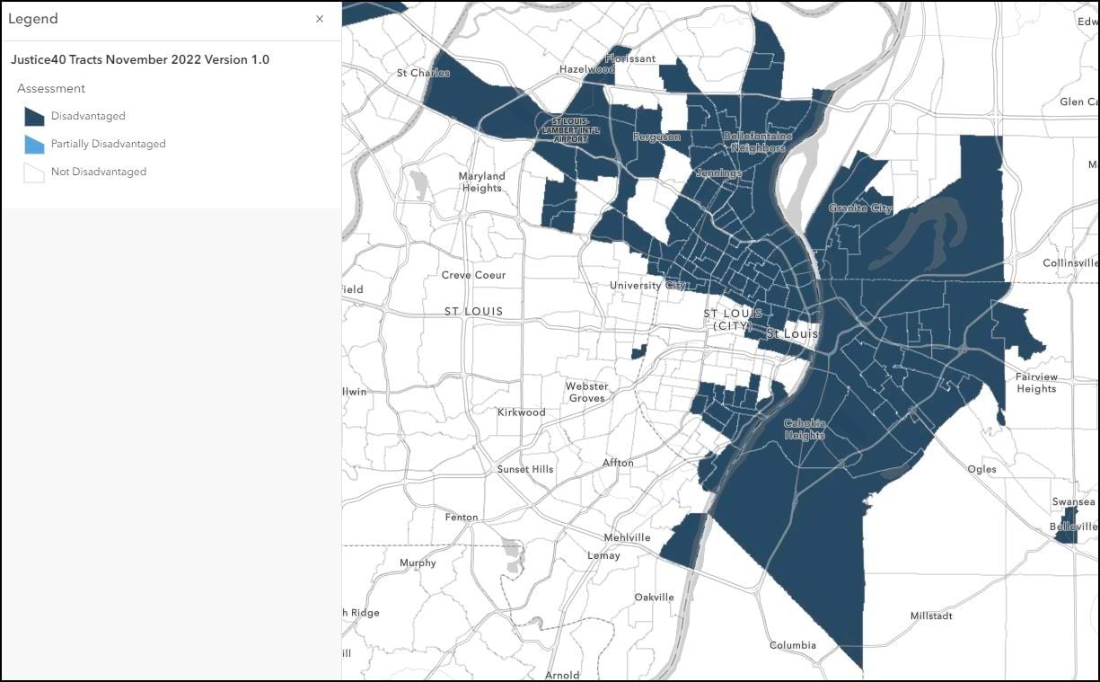Tract-level map displaying Justice40 information for the St. Louis area. Tract-level map displaying Justice40 information for the St. Louis area.