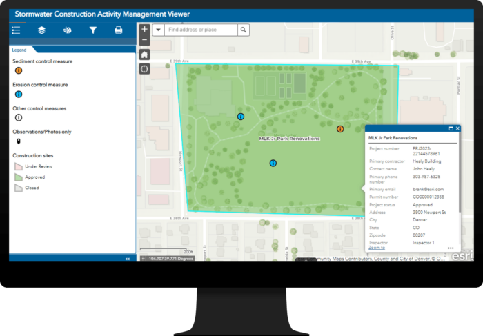 Computer monitor with an app opened to show a park selected on a map on the right and a map legend on the left.