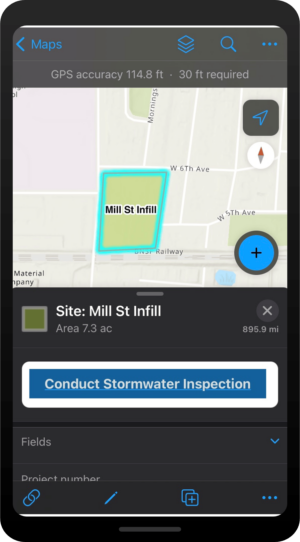 Smartphone screen showing an infill selected on a map at the top and stormwater inspection fields at the bottom.