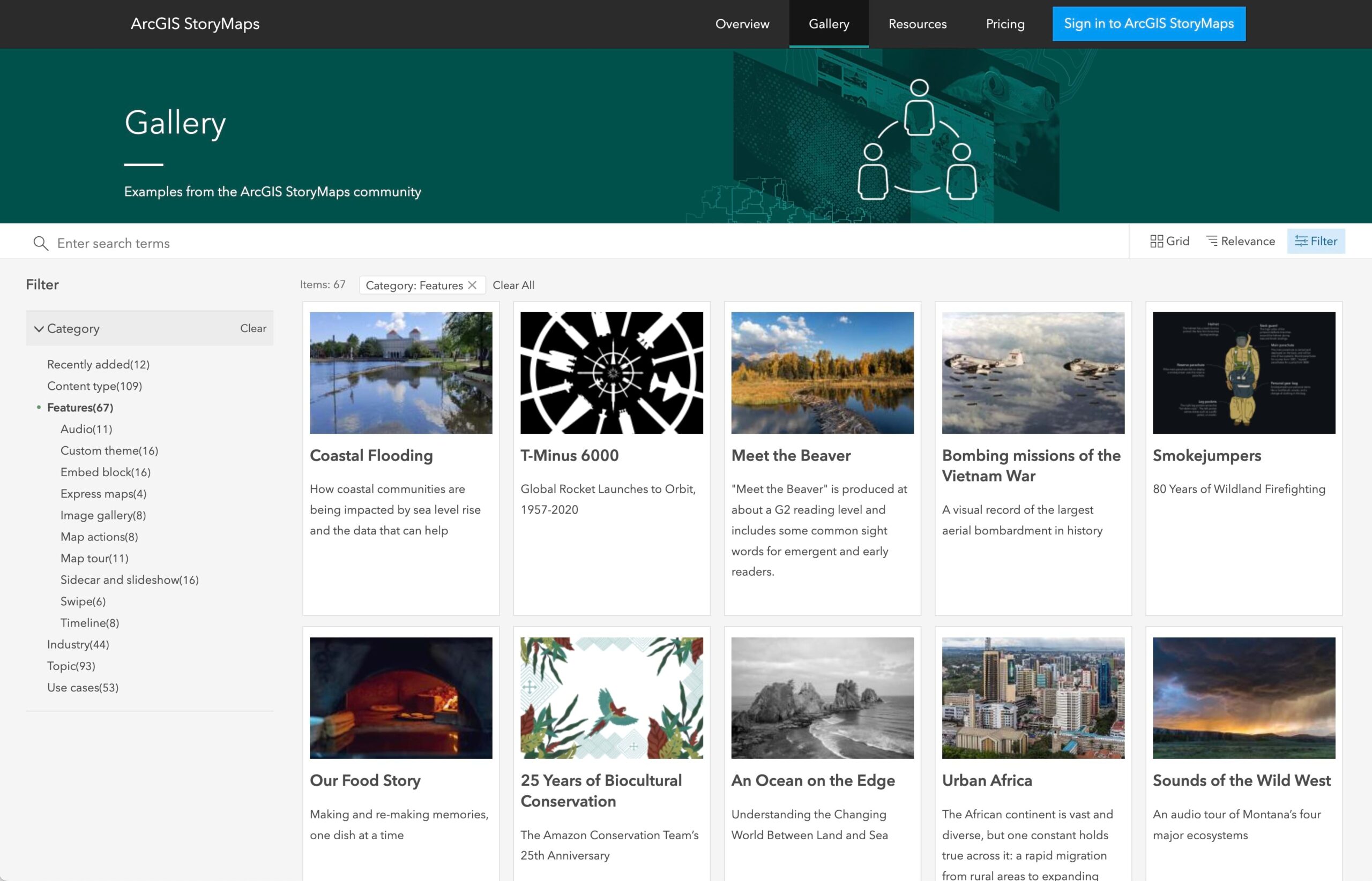 The ArcGIS StoryMaps gallery showing the filters panel The ArcGIS StoryMaps gallery showing the filters panel