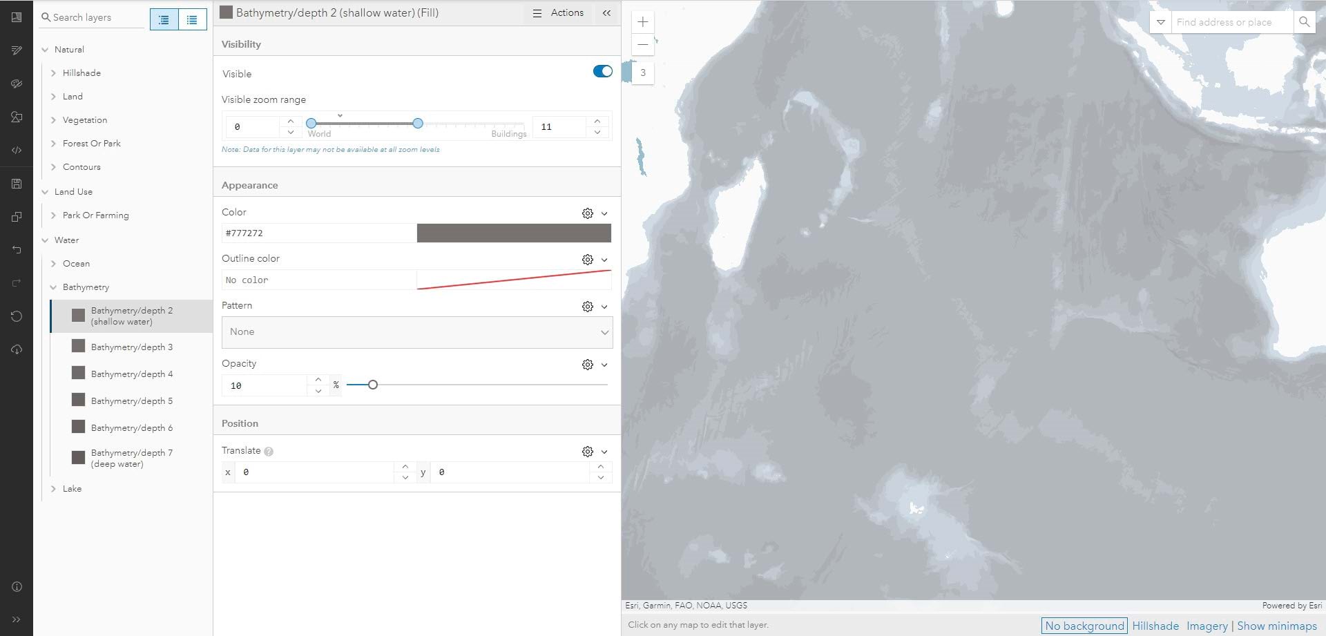 Vector Tile Style Editor settings for the Bathymetry layers, highlighting Bathymetry Depth 2. Vector Tile Style Editor settings for the Bathymetry layers, highlighting Bathymetry Depth 2.