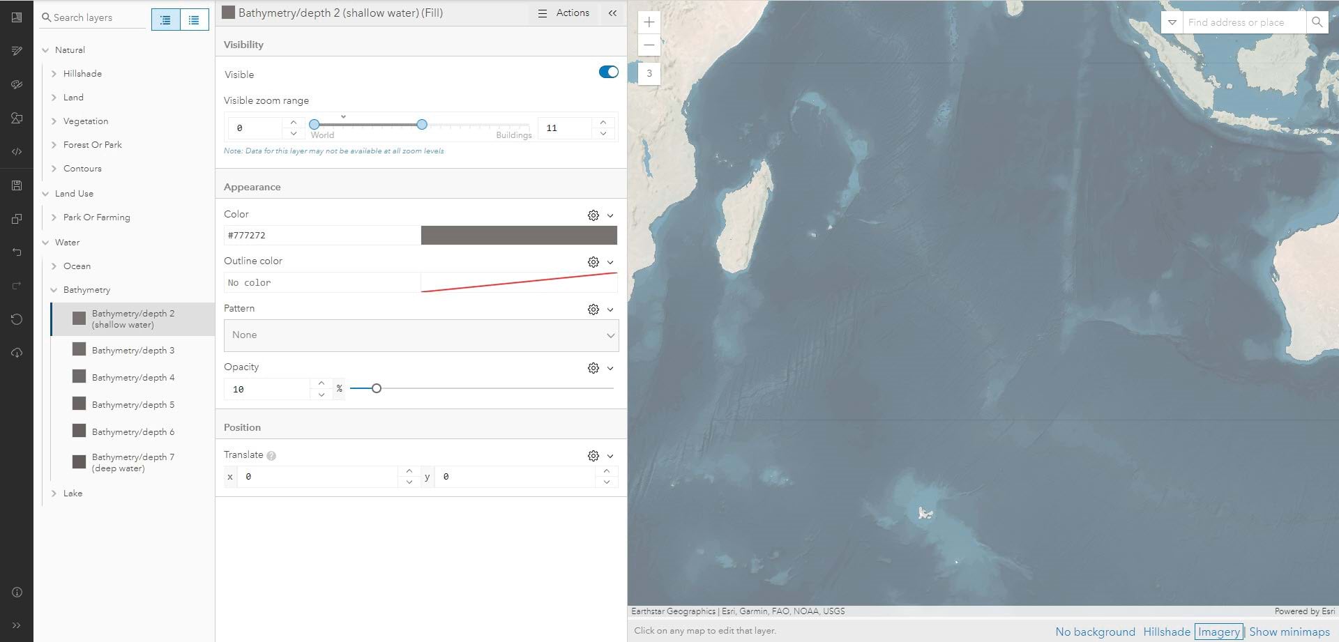 Vector Tile Style Editor settings for Bathymetry Depth 2 and showing how it looks draped with imagery.