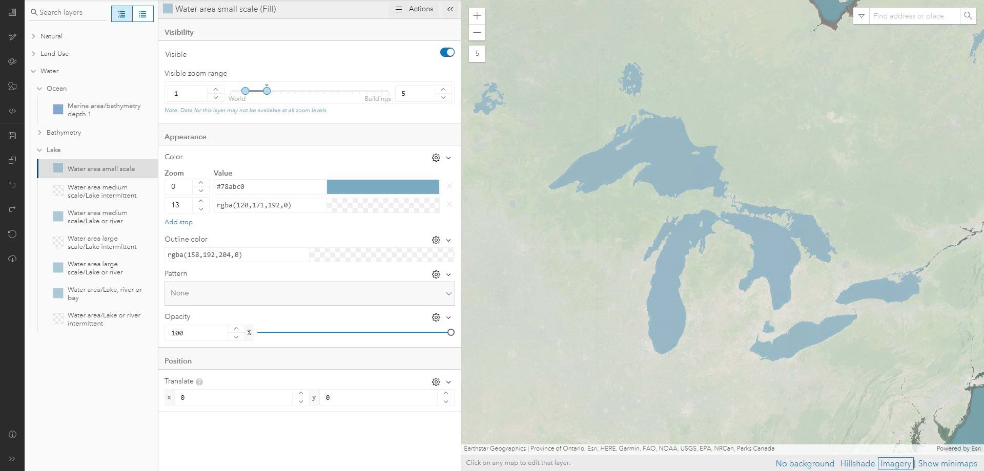 Vector Tile Style Editor settings for the Lakes layers. Vector Tile Style Editor settings for the Lakes layers.