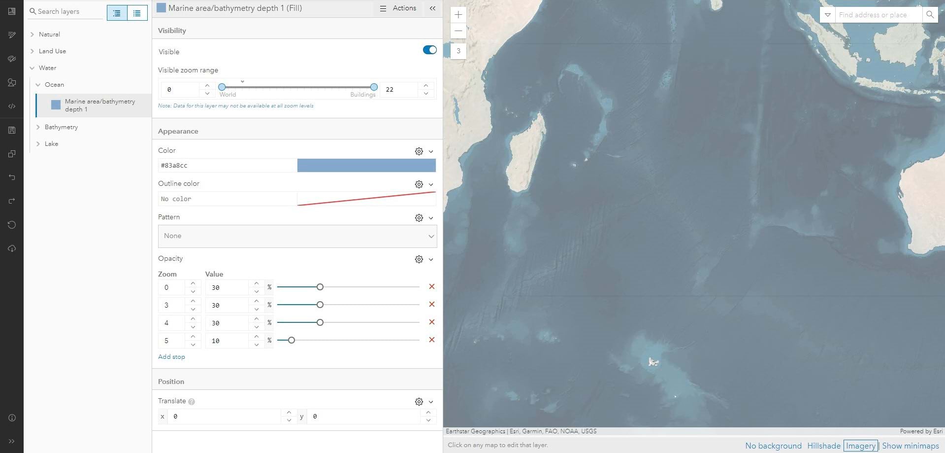 Vector Tile Style Editor settings for Ocean Bathymetry Depth 1. Vector Tile Style Editor settings for Ocean Bathymetry Depth 1.