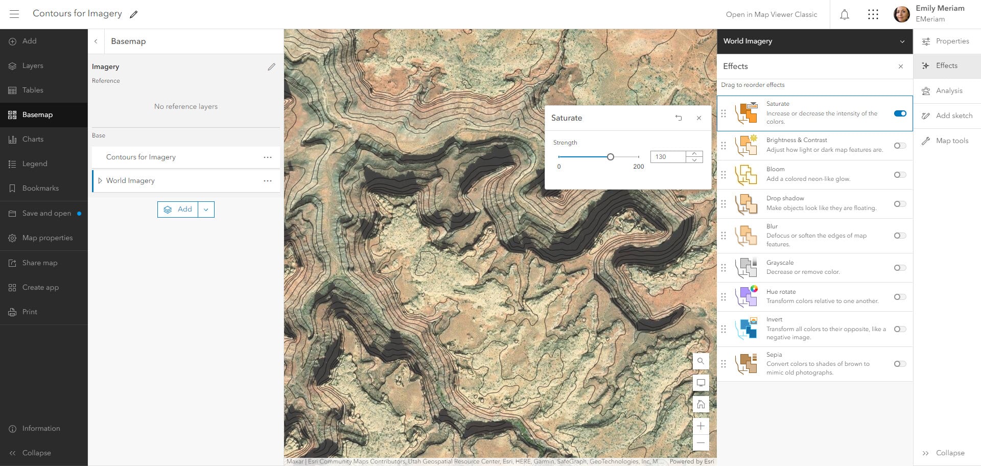 Webmap showing where to find the Layer Effects to saturate the World Imagery.