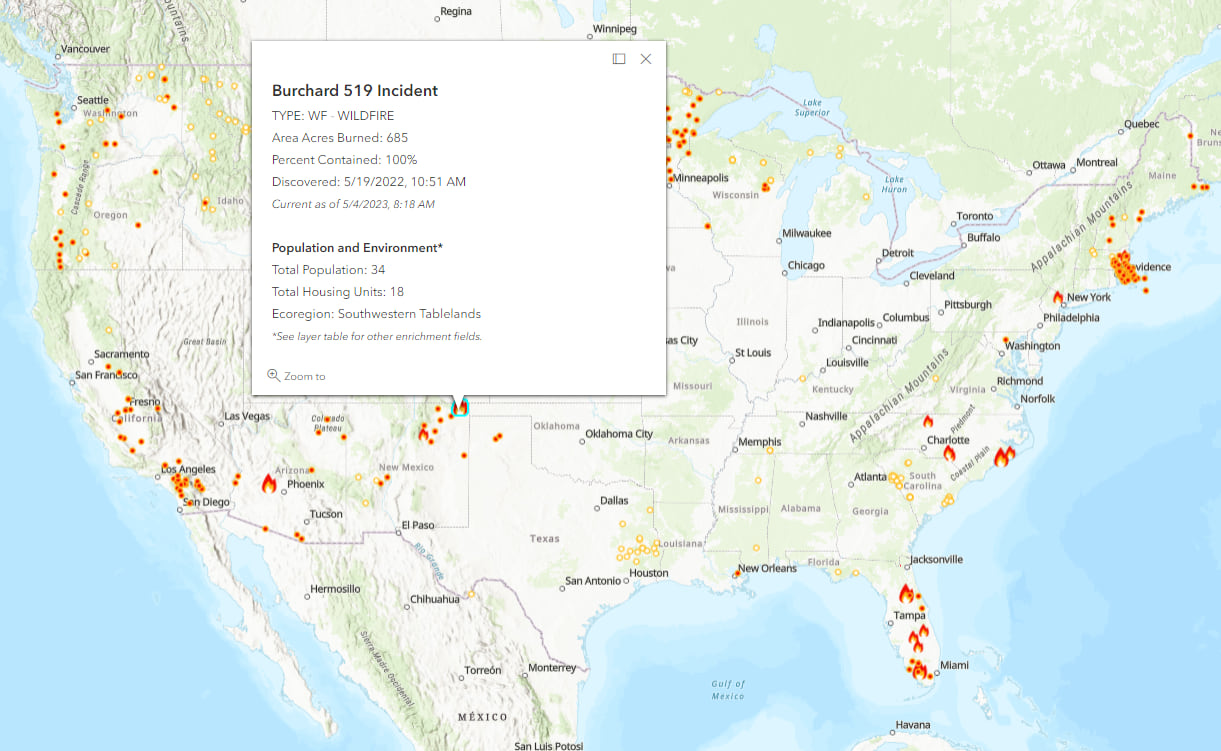 Image of the Wildfire Population and Environment Enrichment layer with popup Image of the Wildfire Population and Environment Enrichment layer with popup