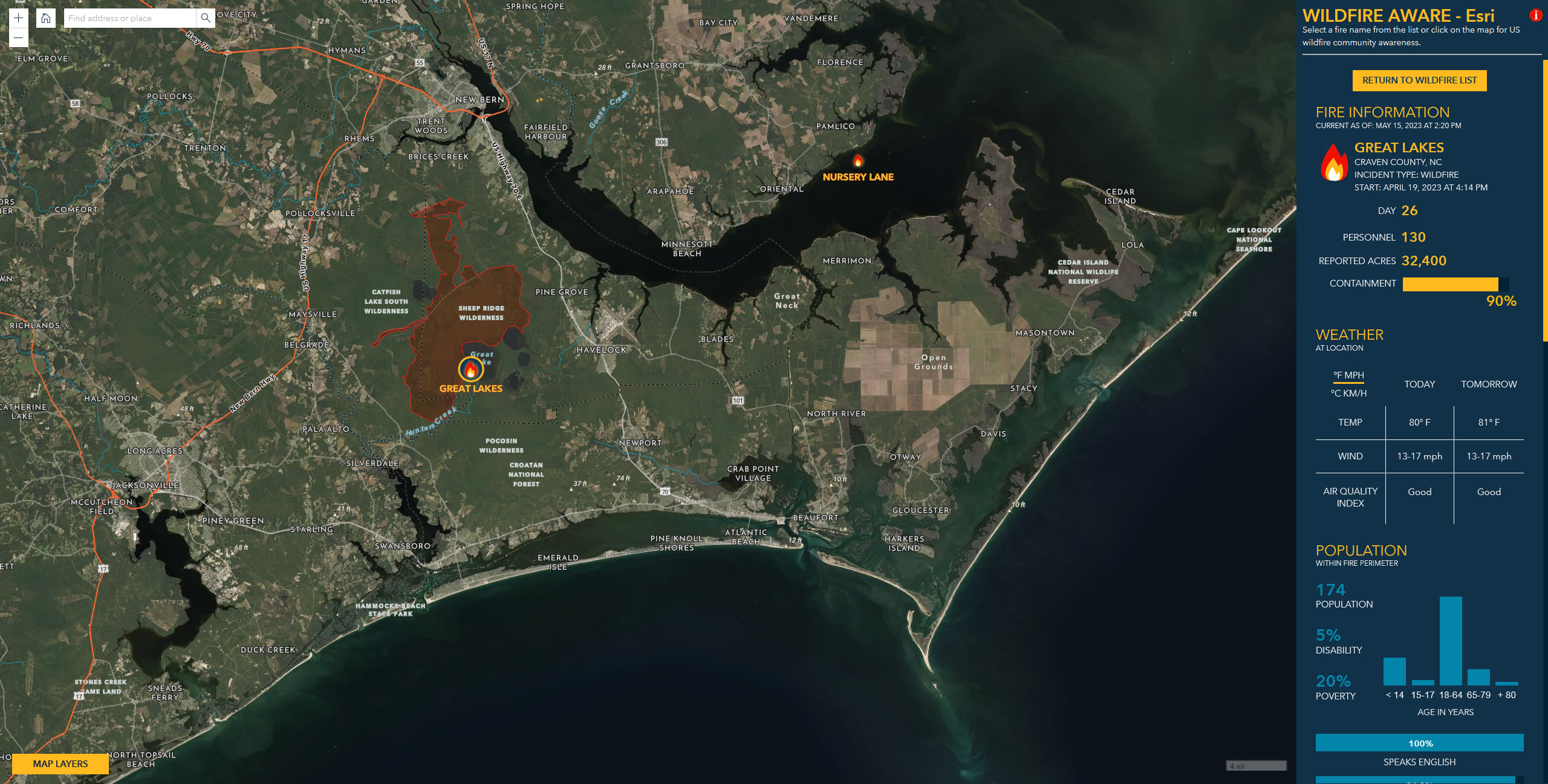 Image of Wildfire Aware app centered over the Great Lakes fire in North Carolina, May 16, 2023
