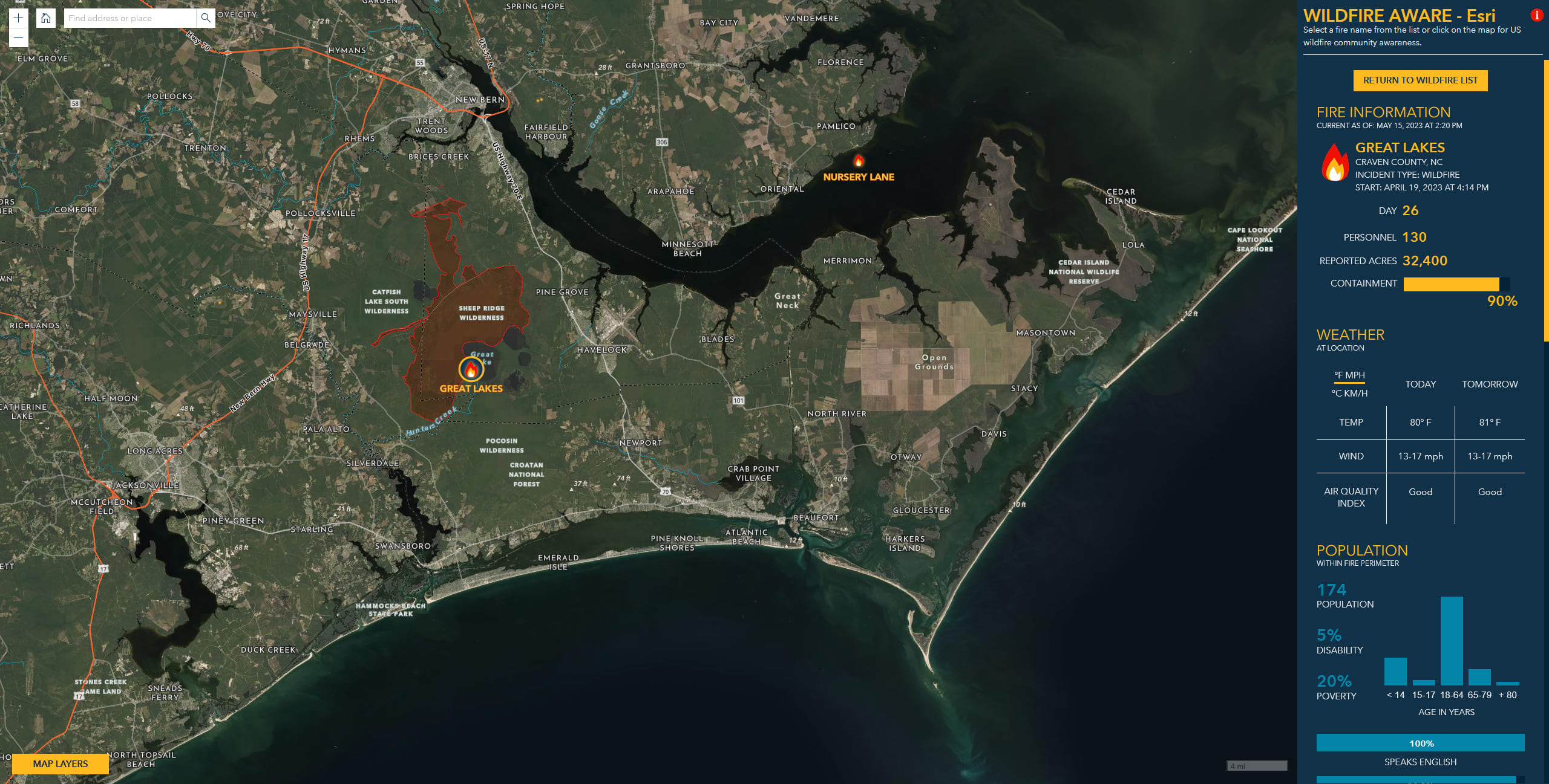 Image of Wildfire Aware app centered over the Great Lakes fire in North Carolina, May 16, 2023 Image of Wildfire Aware app centered over the Great Lakes fire in North Carolina, May 16, 2023