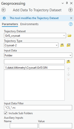 Add Data To Trajectory Dataset tool interface