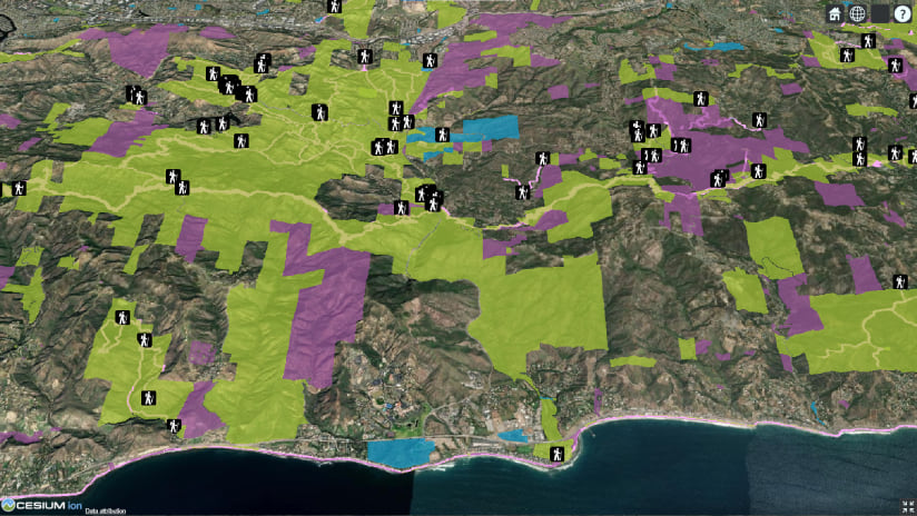 Features from a hosted feature service displayed and styled in CesiumJS. The features represent parks, trails, and trailheads in the Santa Monica Mountains.