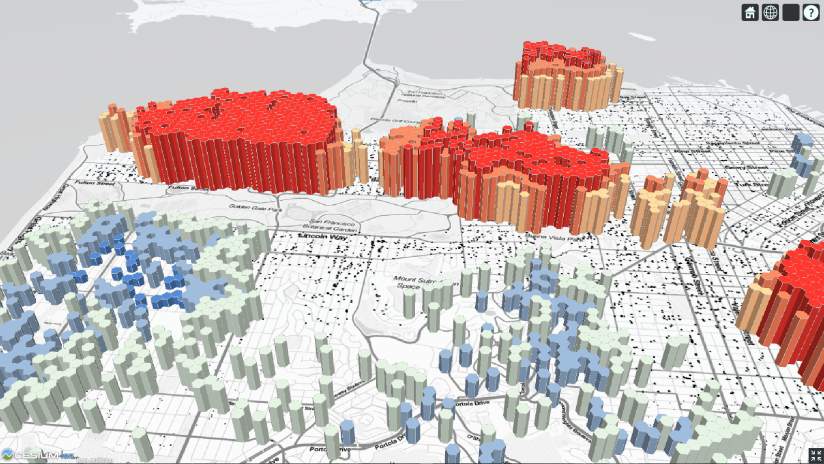 Hot spot analysis results visualized using CesiumJS. The hot spots are visualized as tall red clusters, while the cold spots are visualized as short blue clusters.