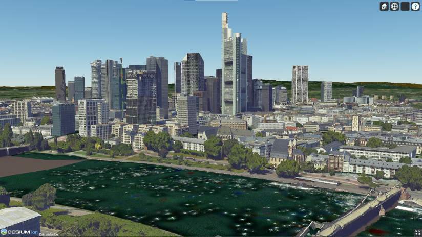 An integrated mesh layer displayed in CesiumJS. The mesh depicts the city of Frankfurt, including buildings, streets, and trees.