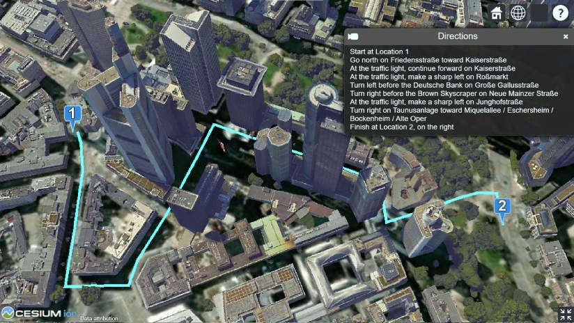 A driving route and directions visualized in CesiumJS. The route and directions were calculated using the ArcGIS routing service