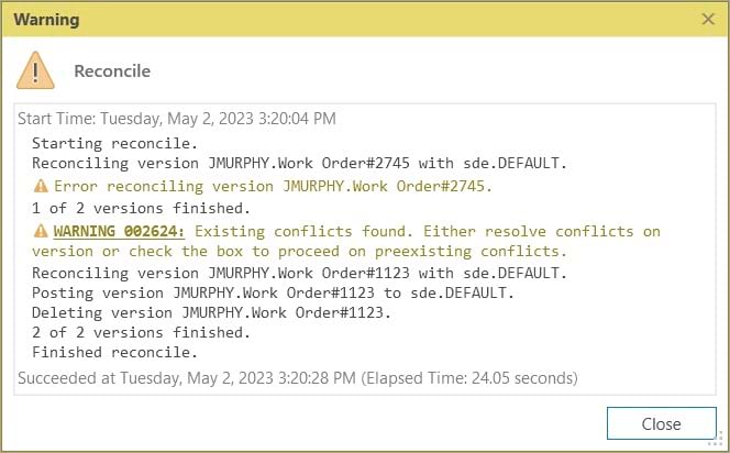 Reconcile conflict warning message Reconcile conflict warning message
