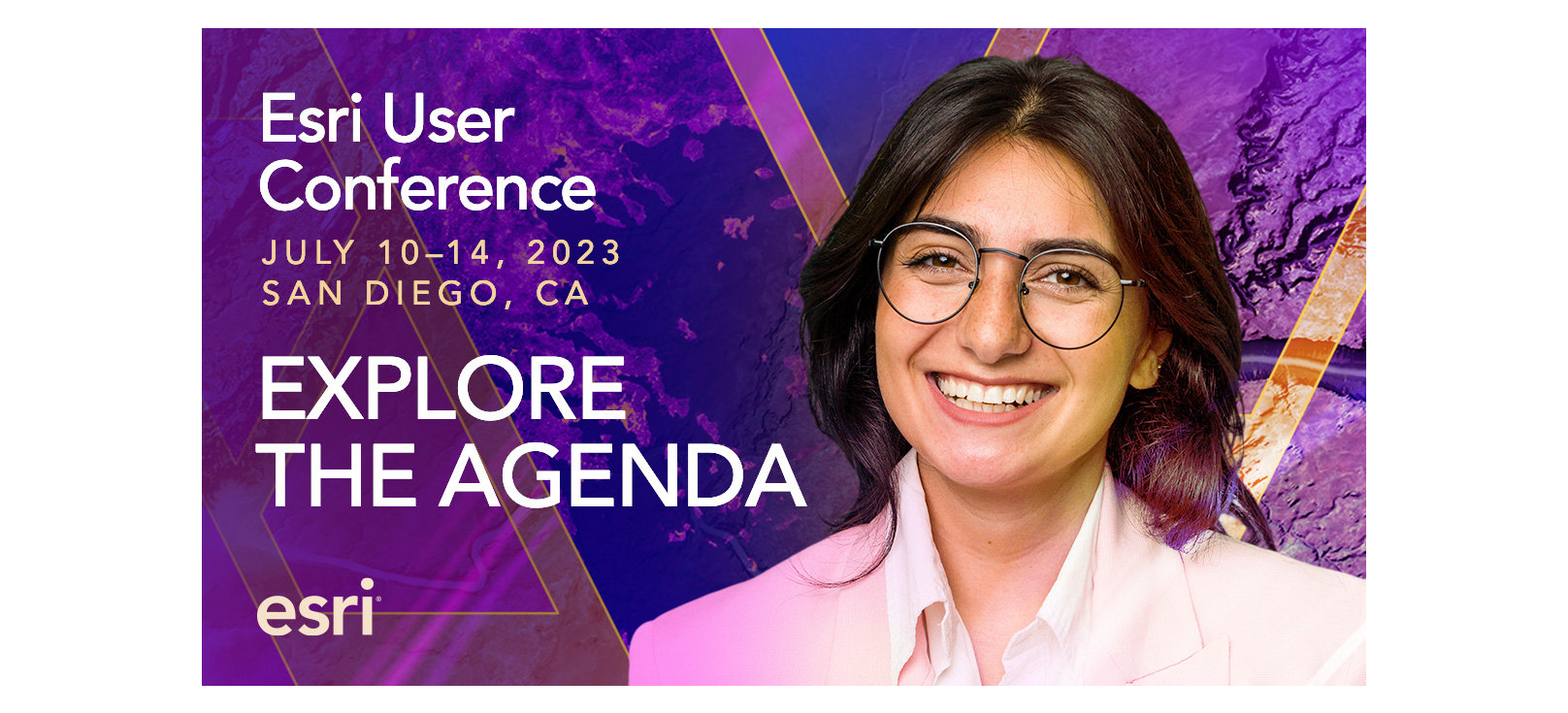 Woman in glasses smiling with a colorful background listing the dates of the user conference and text that says Explore the Agenda