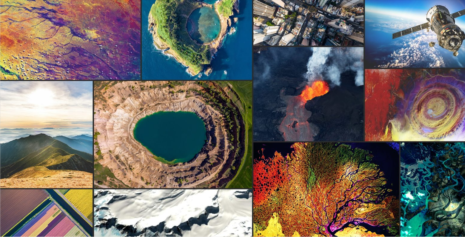 A compilation of several aerial and satellite images that create a colorful visual representation of imagery in GIS. A compilation of several aerial and satellite images that create a colorful visual representation of imagery in GIS.