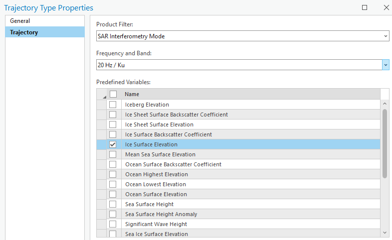 Predefined Variables options in Trajectory Types Properties page