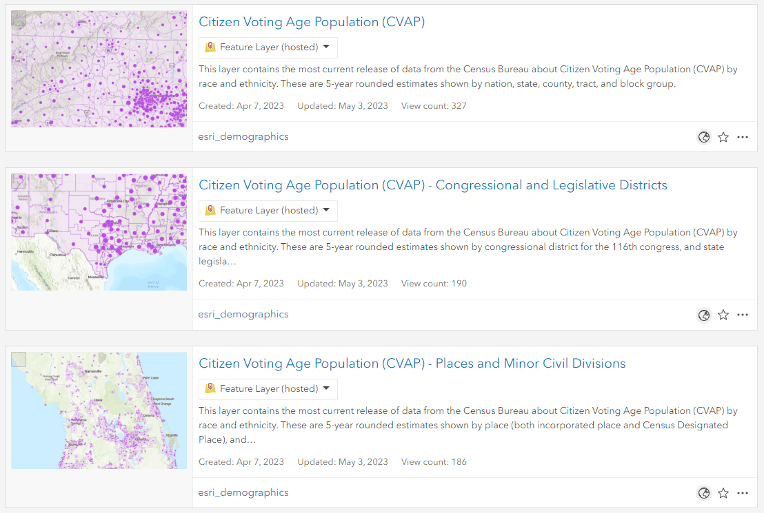 How the CVAP layer cards appear in Living Atlas and ArcGIS Online search.
