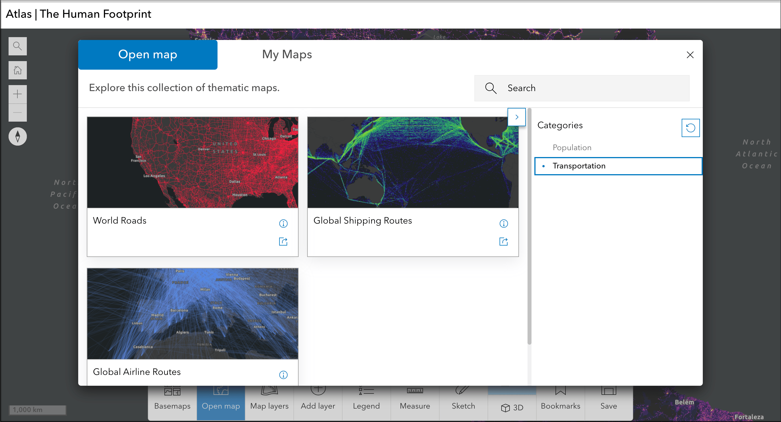 Image of Open maps panel in Atlas