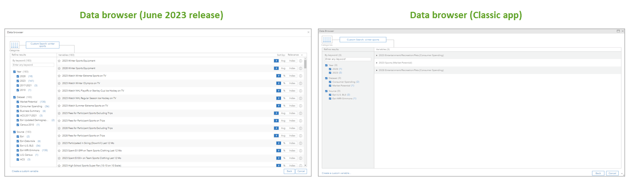 Compare search results for ”winter sports” in the new Business Analyst data browser compared to the Classic app Compare search results for ”winter sports” in the new Business Analyst data browser compared to the Classic app