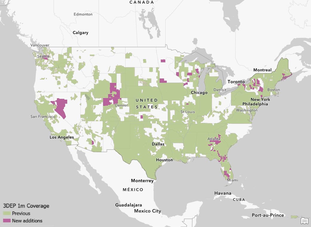 Map showing USGS 3DEP 1m coverage