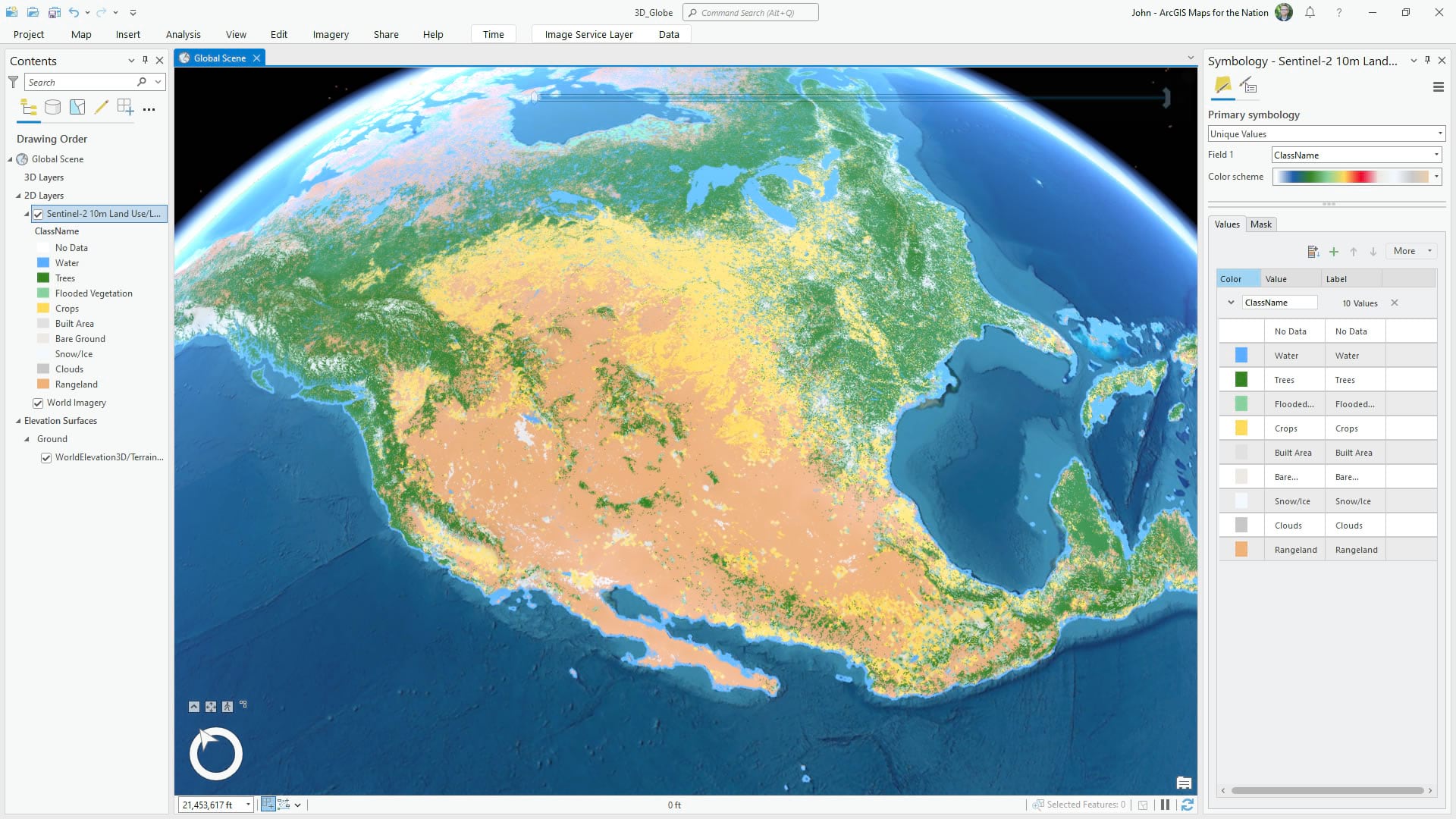 Creating a 3D globe in ArcGIS Pro: Land use imagery with updated color symbology