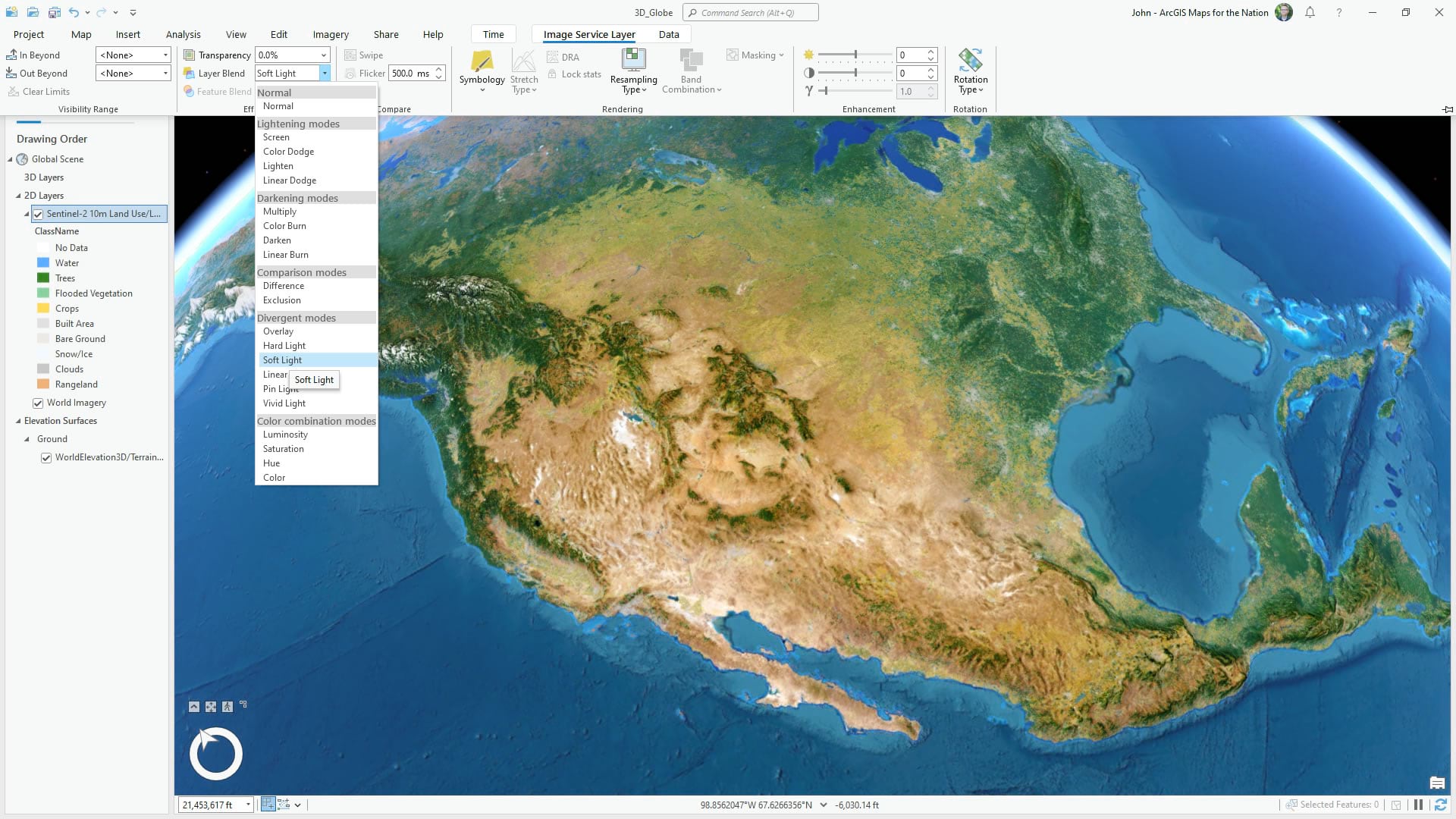 Creating a 3D globe in ArcGIS Pro: Land use imagery with blend mode