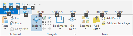 The ArcGIS Pro ribbon with KeyTips displayed The ArcGIS Pro ribbon with KeyTips displayed