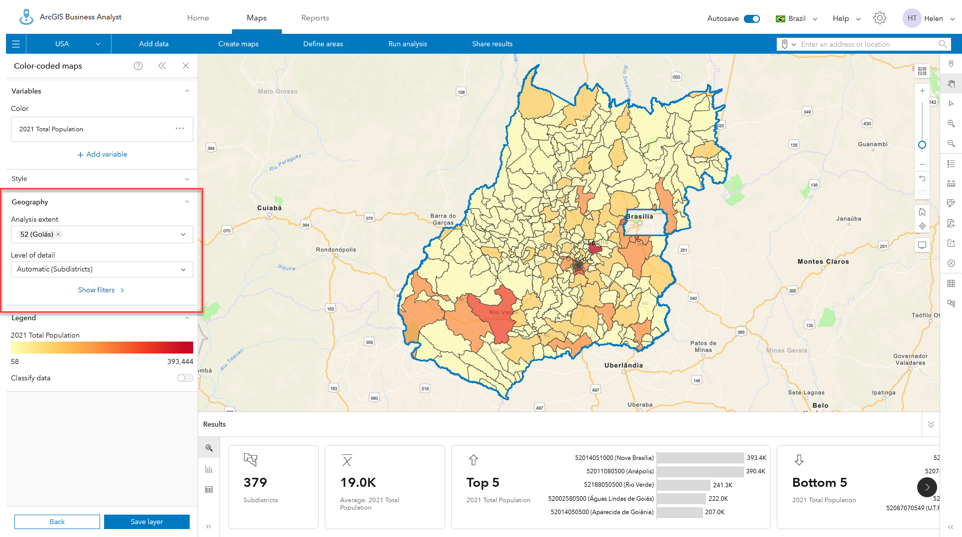 A color-coded map of population for the State of Goiás in Brazil