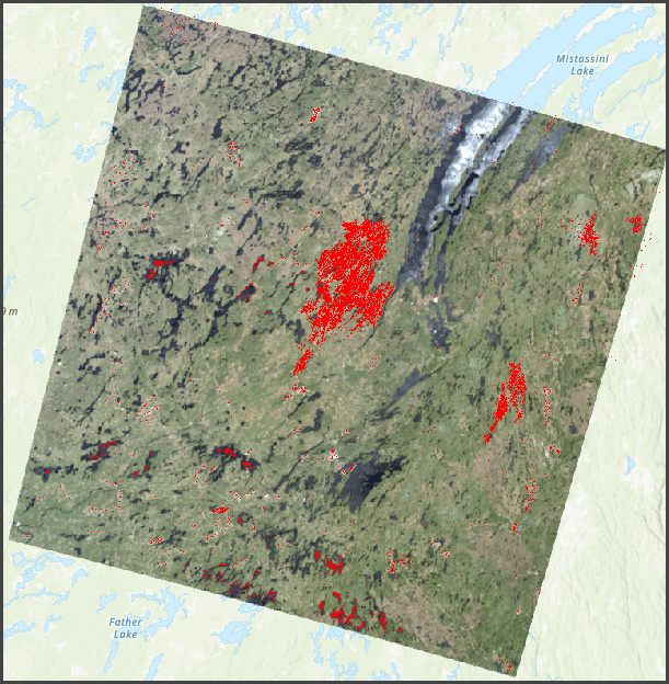 Burned areas visualized against Landsat