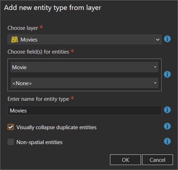 Creating the Movies entity type on the Add new entity type from layer dialog box