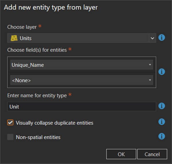 Creating the Units entity type on the Add new entity type from layer dialog box