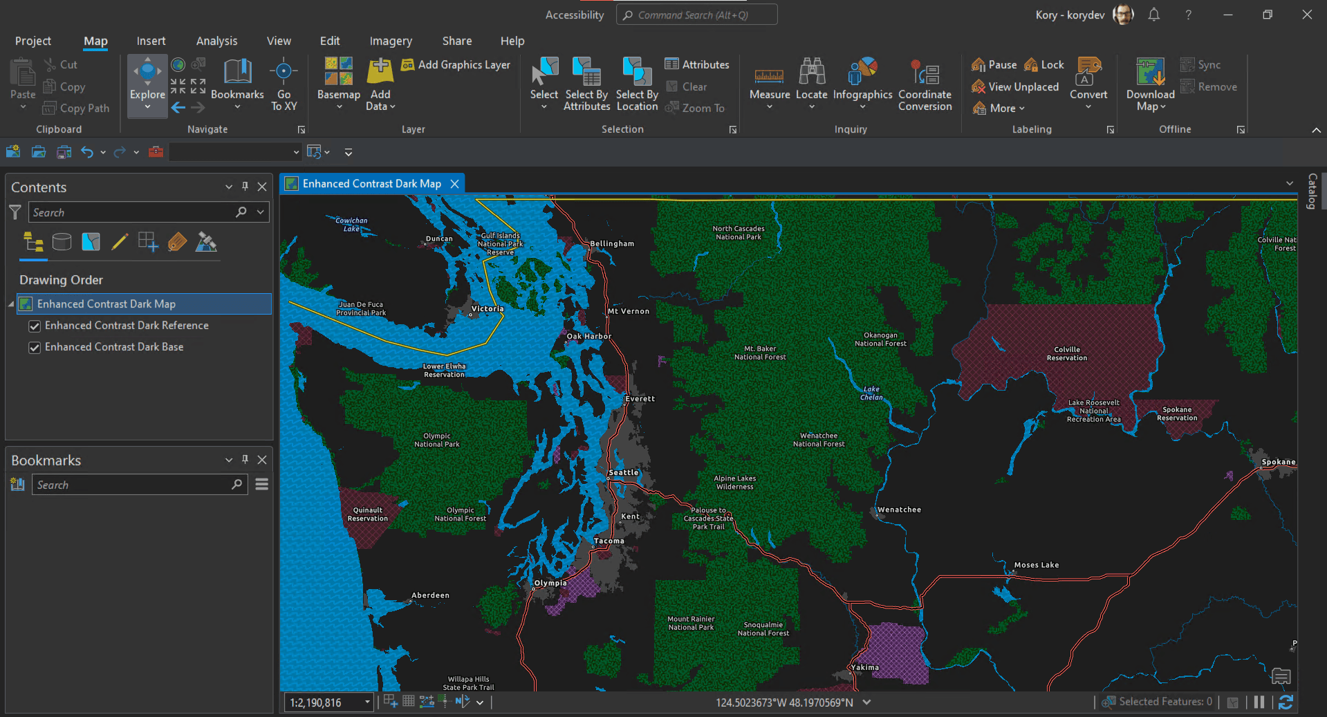 ArcGIS Pro in dark theme, with user interface scaling set to 130% and the Enhanced Contrast Dark Map added to a map view