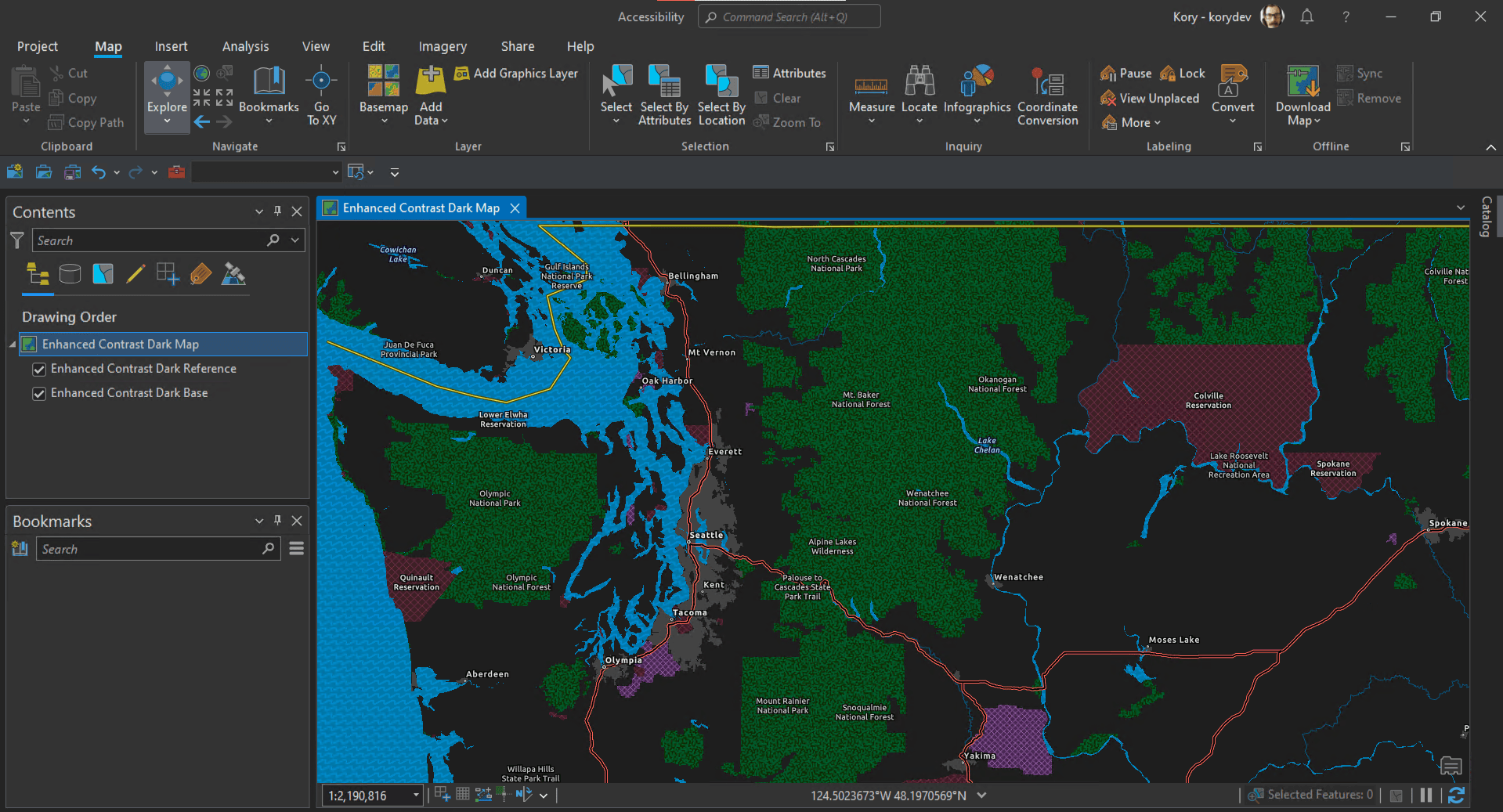 ArcGIS Pro in dark theme, with user interface scaling set to 130% and the Enhanced Contrast Dark Map added to a map view ArcGIS Pro in dark theme, with user interface scaling set to 130% and the Enhanced Contrast Dark Map added to a map view