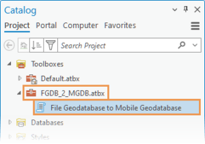 The FGDB_2_MGDB.atbx toolbox under the Toolboxes folder in the Catalog pane in ArcGIS Pro.