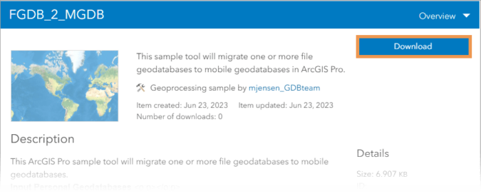 Download button located on the Migrate File Geodatabases to Mobile Geodatabases sample geoprocessing tool.