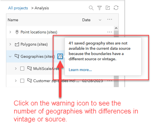 Warning icon describing what geography layers have changed vintage or data source. Warning icon describing what geography layers have changed vintage or data source.