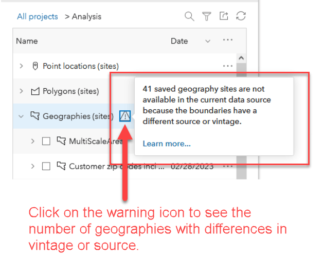 Warning icon describing what geography layers have changed vintage or data source.