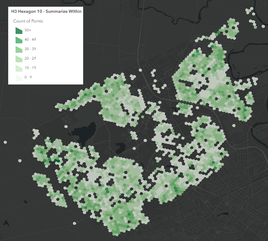 Summarize within output of H3 hexagons colored in darker shades of green depending on how many street tree points are contained.