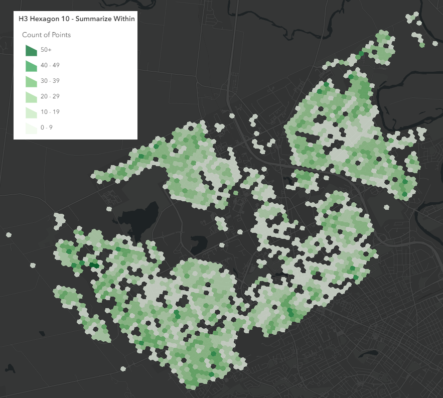 Summarize within output of H3 hexagons colored in darker shades of green depending on how many street tree points are contained. Summarize within output of H3 hexagons colored in darker shades of green depending on how many street tree points are contained.
