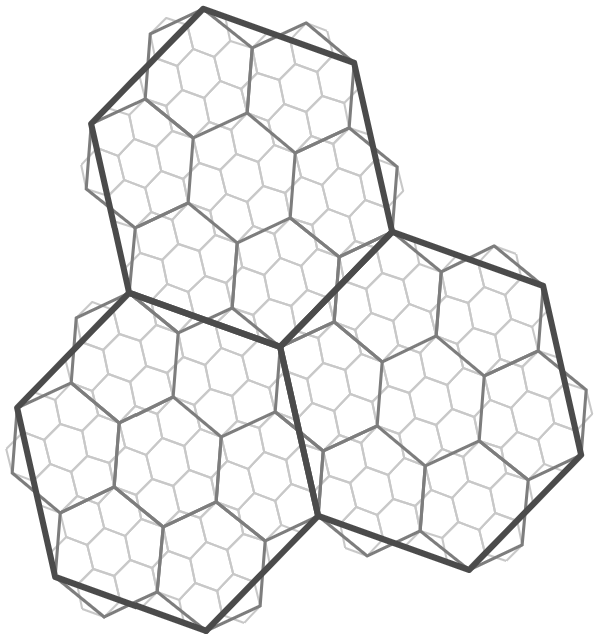 Hierarchal hexagons at three resolutions that form three flower patterns.