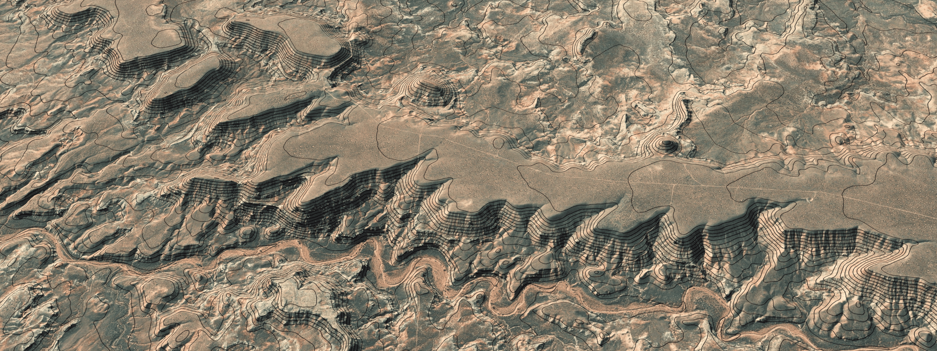 Terrain is accentuated by the contours in a 3D Scene of Halfway Hollow in Utah.