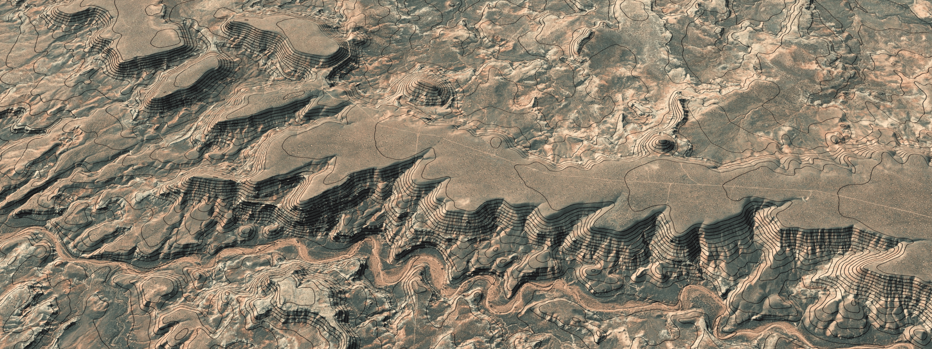Terrain is accentuated by the contours in a 3D Scene of Halfway Hollow in Utah. Terrain is accentuated by the contours in a 3D Scene of Halfway Hollow in Utah.