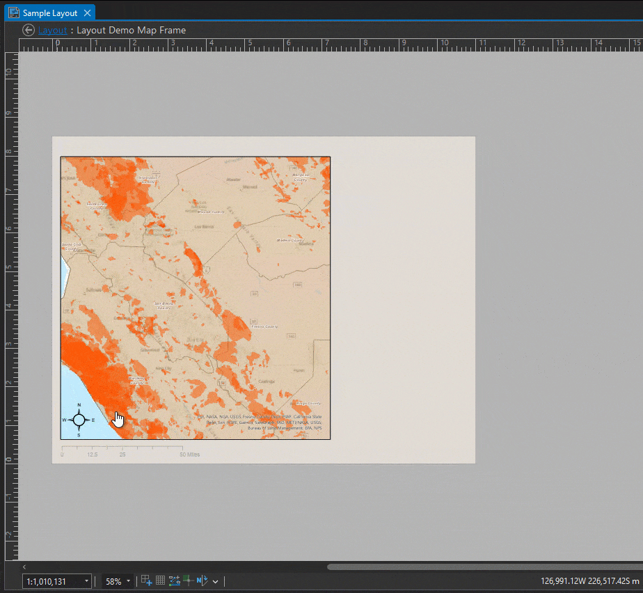 When a map frame is activated, hold the 1 key to pan and zoom the layout page