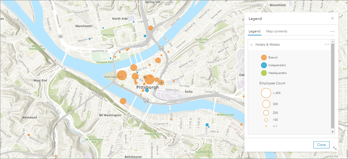 Map of hotel locations symbolized by type and count Map of hotel locations symbolized by type and count