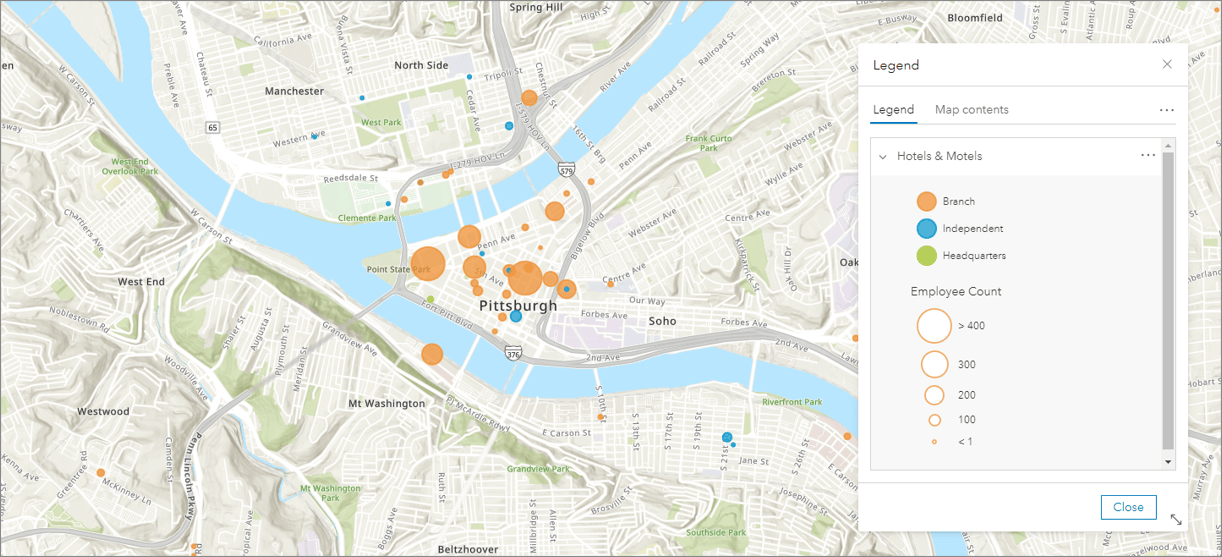 Map of hotel locations symbolized by type and count