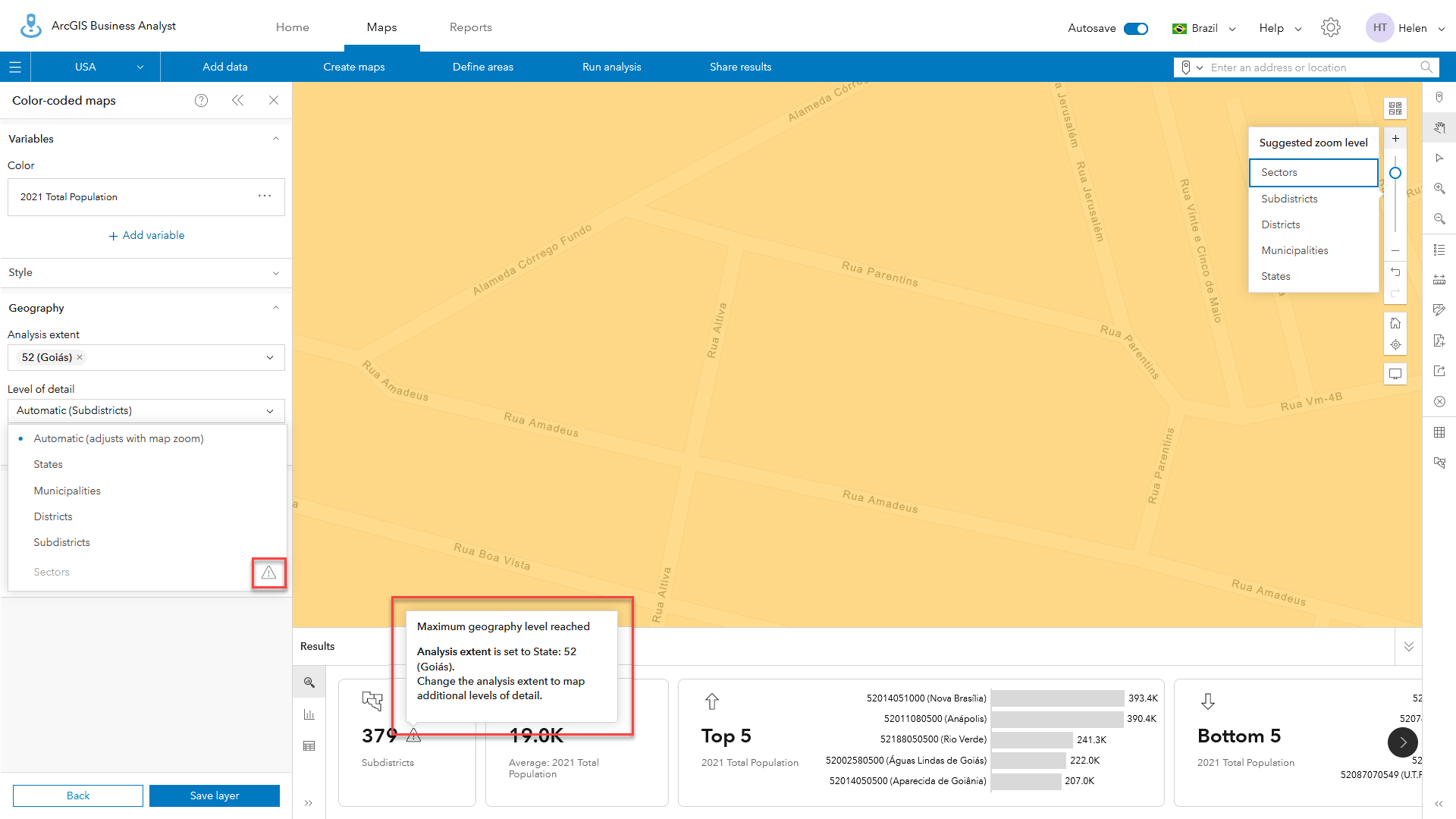 Zooming into areas where the number of areas in the analysis extent exceeds 10,000 features.