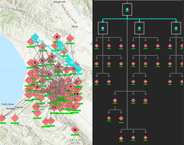 Fictional military organization on a map and link chart in Hierarchic Layout