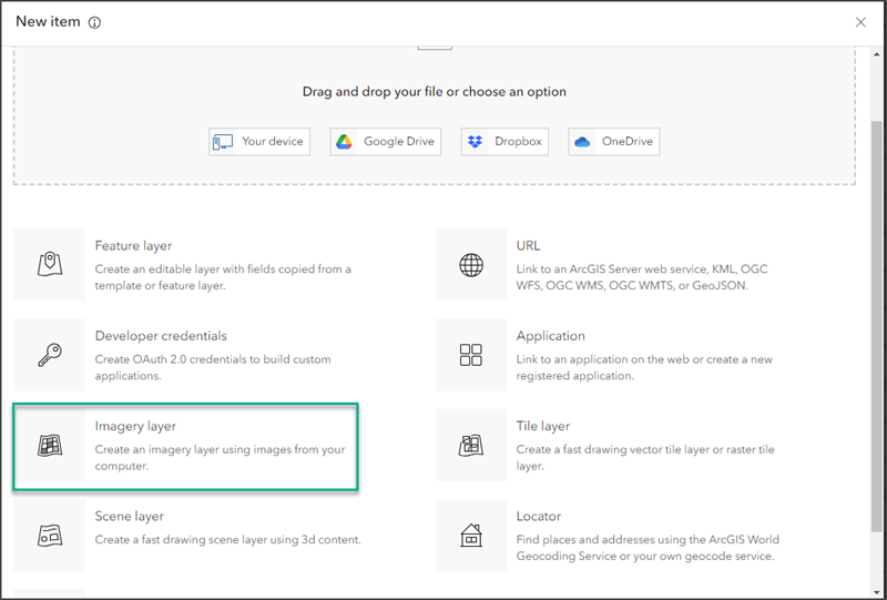 Interface for New Item in ArcGIS Online